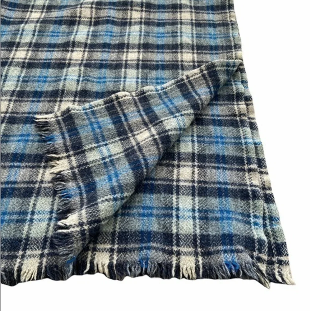 Ballantyne‎ Pure Wool Blue Plaid Checkered Fringe Vintage Throw Blanket